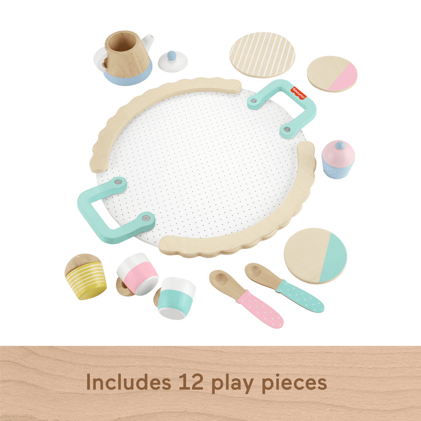 Fisher-Price Wood Pretend Play Toy Tea Set, 12-Piece Wooden Playset With Teapot, Cups & Saucers For Preschool Kids Ages 3+ Years